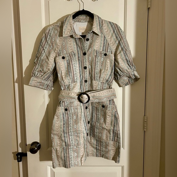 NWOT Sézane ✨Archives✨ Denim Collared Belted Button Up Mini Dress Beige/Green - Picture 2 of 11